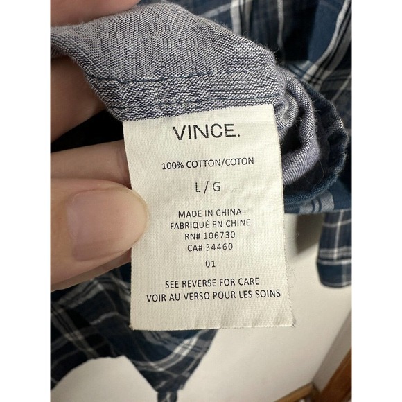 VINCE Mens Button Front Blue Plaid Long Sleeve 100% Cotton Shirt Top Sz Large - Picture 5 of 7